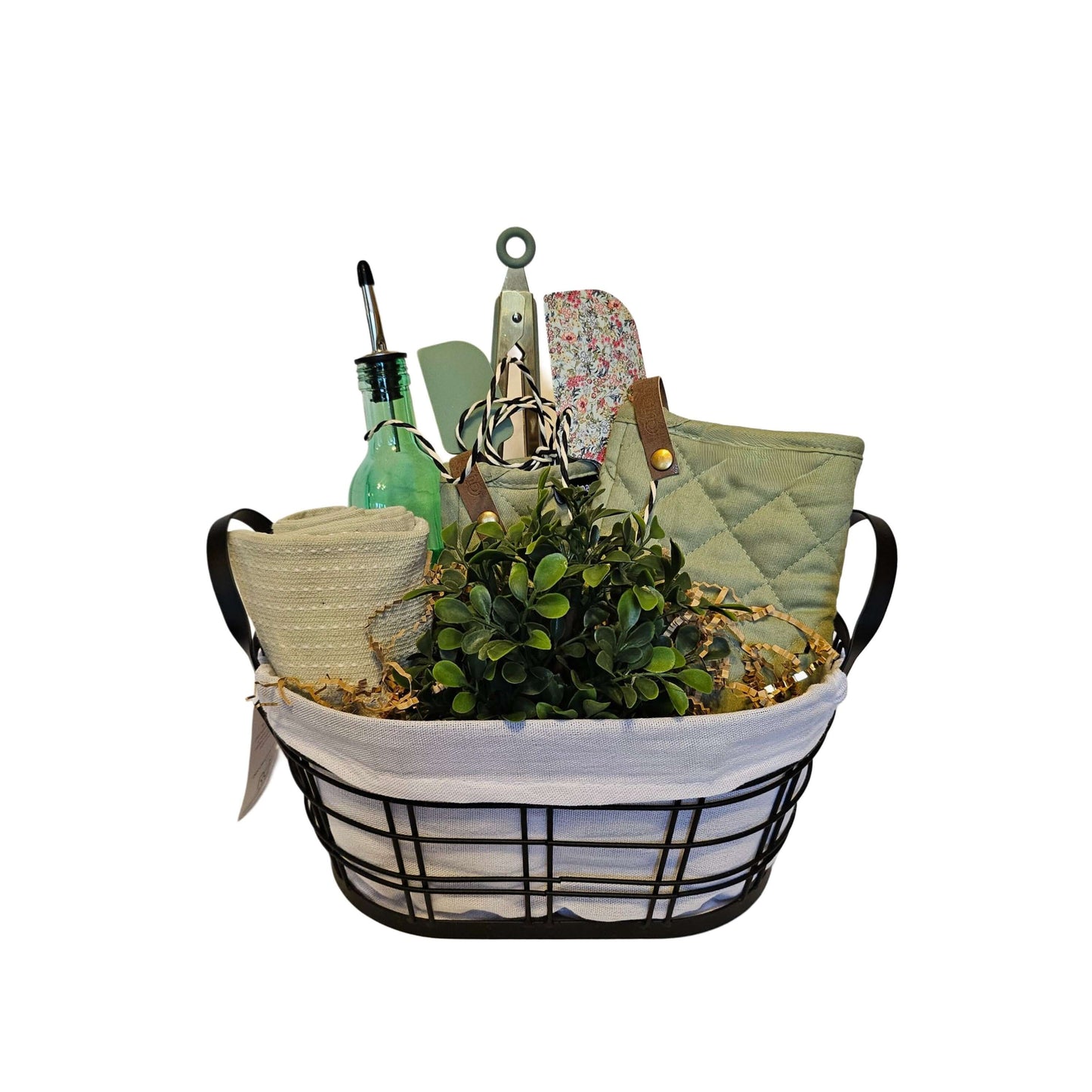 Personalized Home Warming Gift Basket with Engraved Cutting Board arranged in a black wire frame.