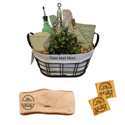 Personalized Home Warming Gift Basket with Engraved Cutting Board featuring a cozy basket filled with thoughtful items.
