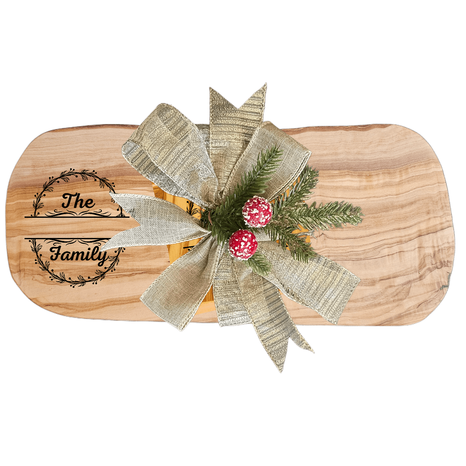 Personalized Family Name Gift – Olive Wood Set with decorative bow and holiday accents.