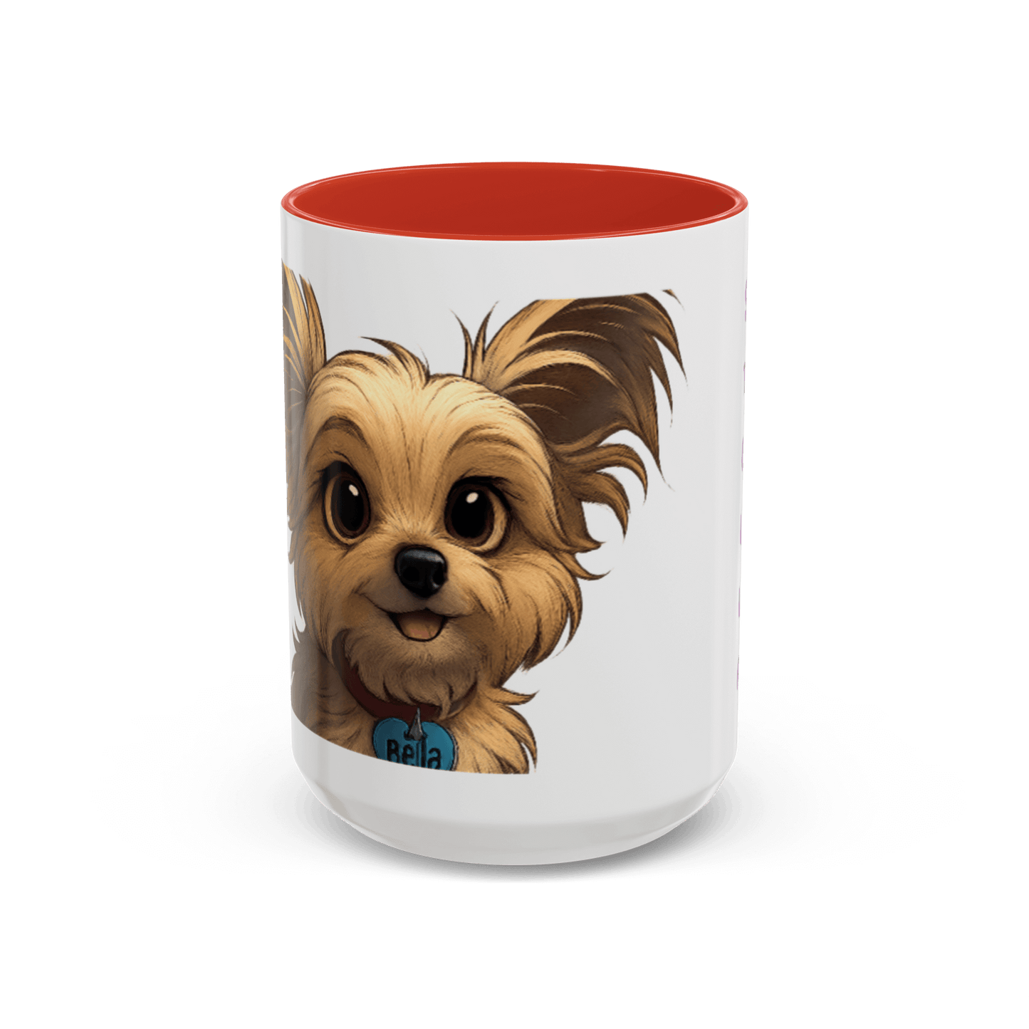 Personalized Pet Cartoon Mug featuring a cute, cartoon-style illustration of a dog with a red interior.