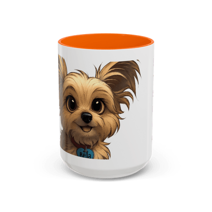 Personalized Pet Cartoon Mug featuring a playful illustration of a dog named Bella with a vibrant orange interior.