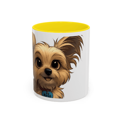 Personalized Pet Cartoon Mug featuring a cute illustrated dog named Bella with a vibrant yellow interior.