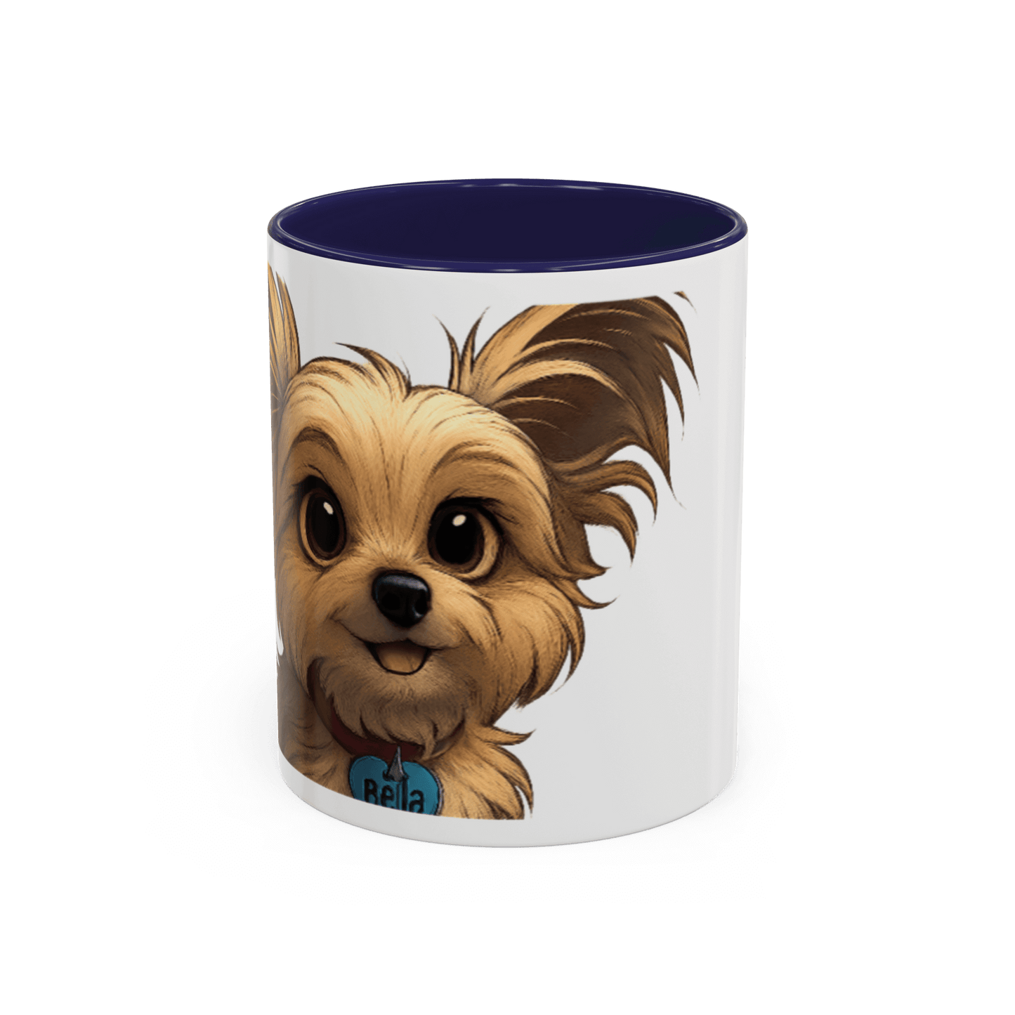 Personalized ceramic mug featuring a cartoon illustration of a furry pet named Bella.