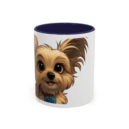 Personalized ceramic mug featuring a cartoon illustration of a furry pet named Bella.