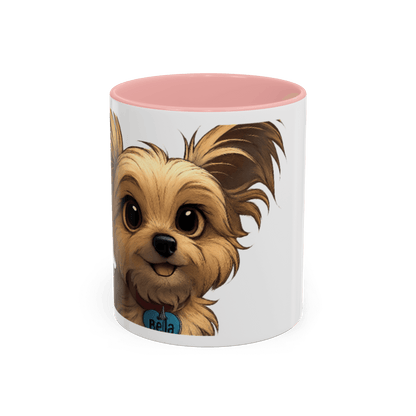 Personalized mug featuring a cartoon illustration of a cute dog named Bella, perfect for pet lovers.