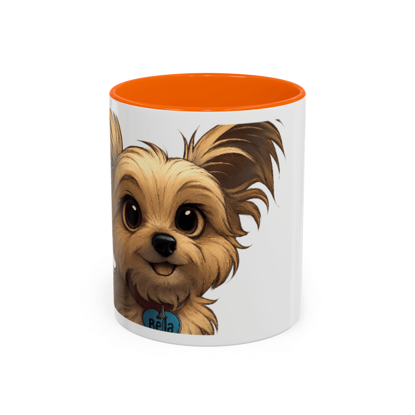 Personalized Pet Cartoon Mug featuring a cute cartoon dog illustration, vibrant orange interior, perfect for pet lovers.