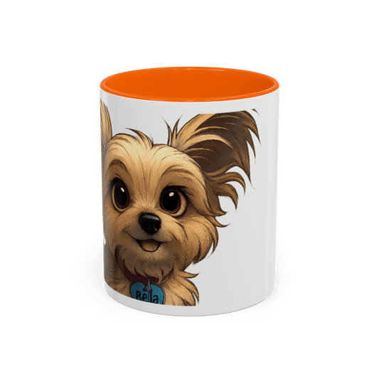 Personalized Pet Cartoon Mug featuring a cute cartoon dog illustration, vibrant orange interior, perfect for pet lovers.