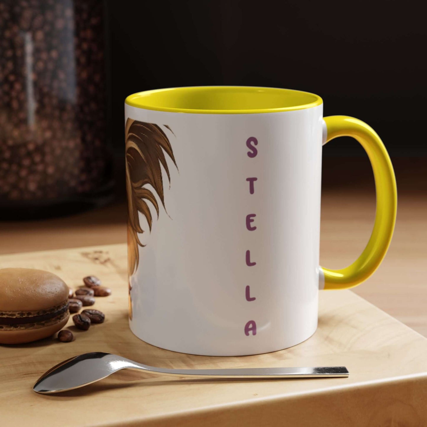 Personalized ceramic mug featuring a cartoon pet and the name Stella, perfect for coffee lovers.