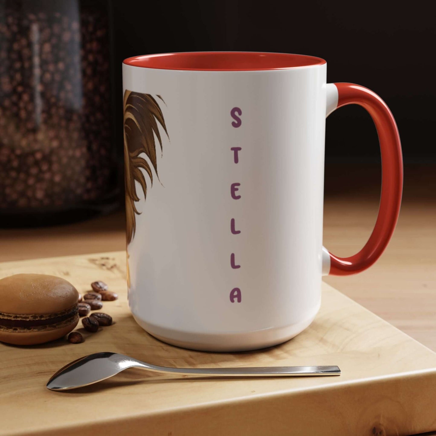Personalized Pet Cartoon Mug with the name Stella and a playful illustration of a dog.