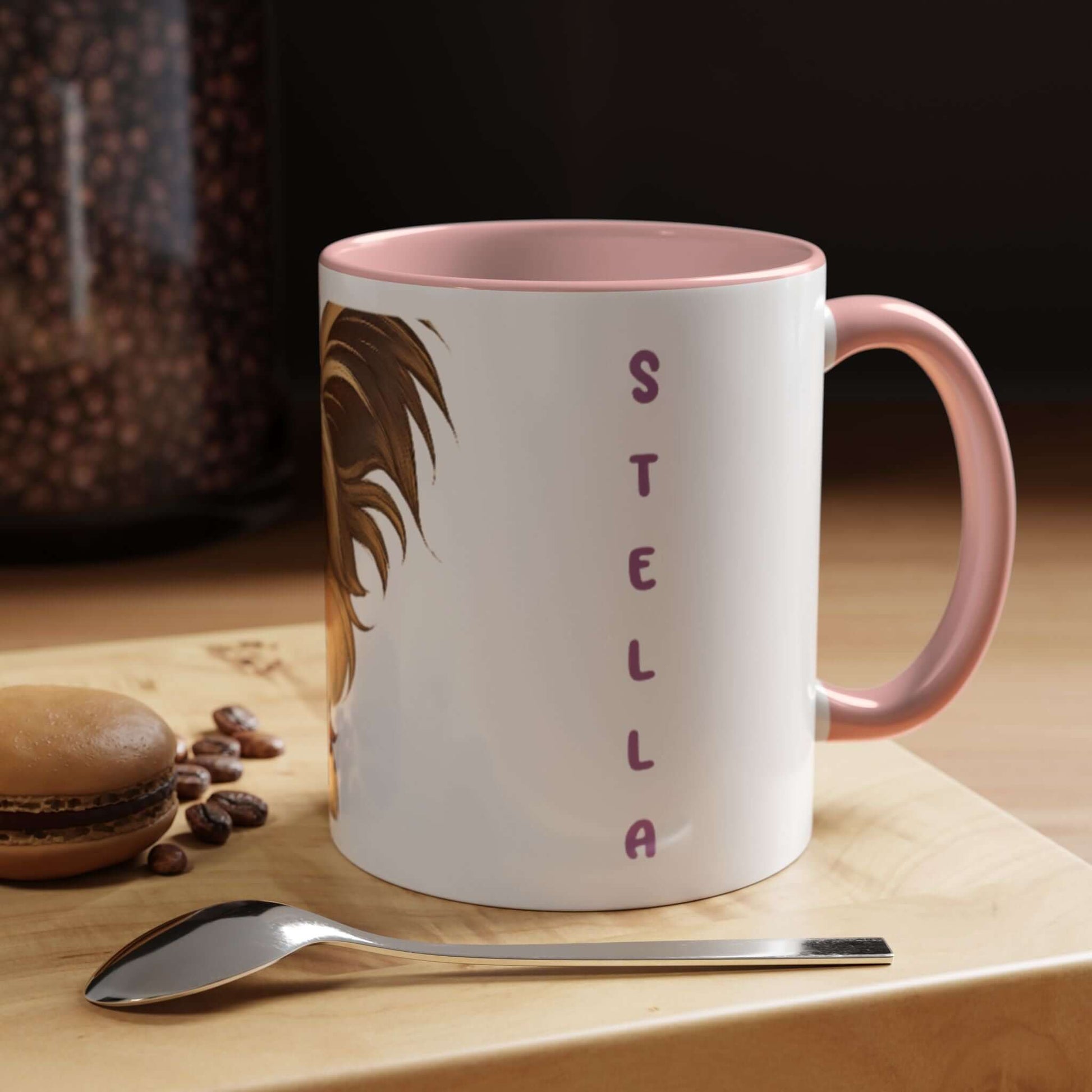 Personalized Pet Cartoon Mug featuring cartoon pet illustration and name 'Stella', perfect for coffee lovers.