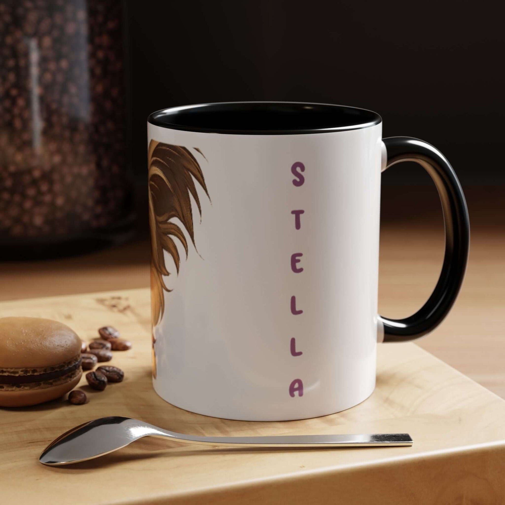 Personalized Pet Cartoon Mug featuring a playful illustration of a dog and the name Stella.