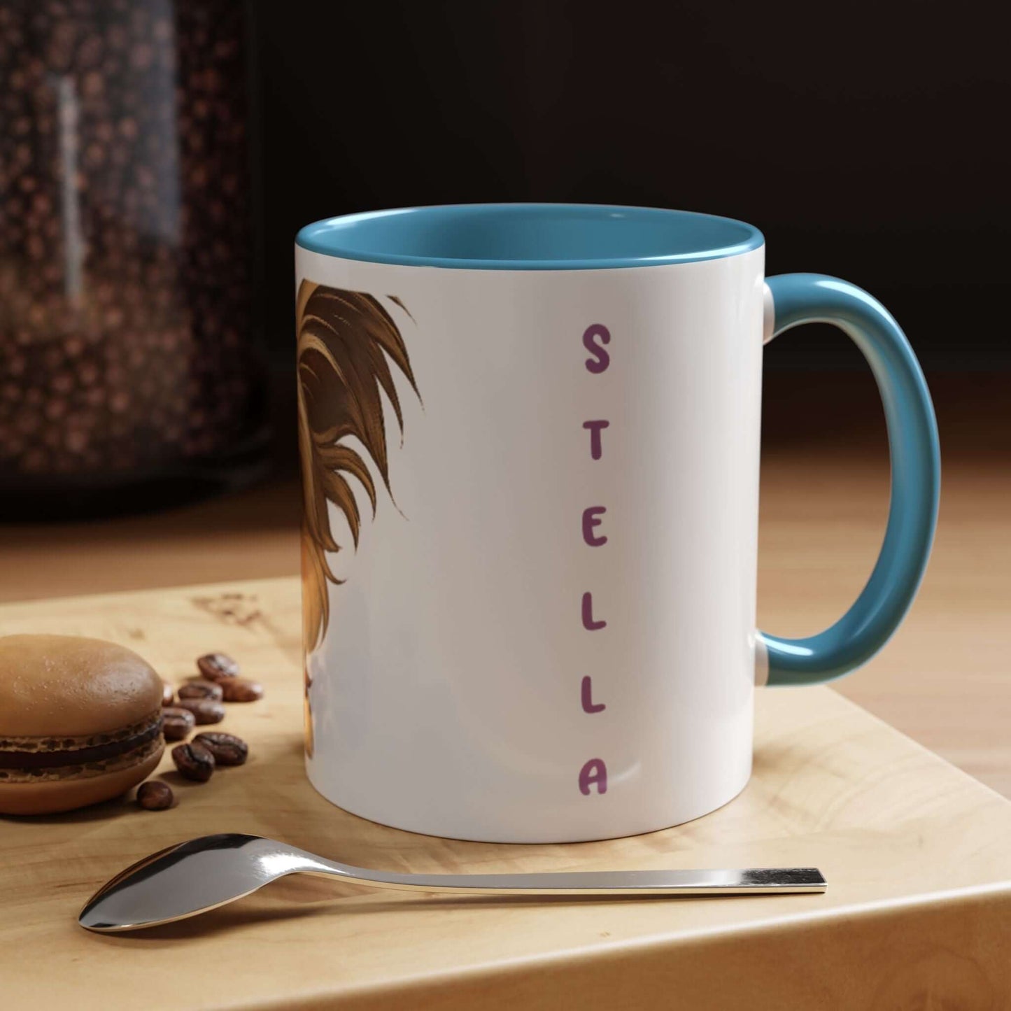 Personalized Pet Cartoon Mug featuring a dog illustration and the name Stella, perfect for pet lovers.