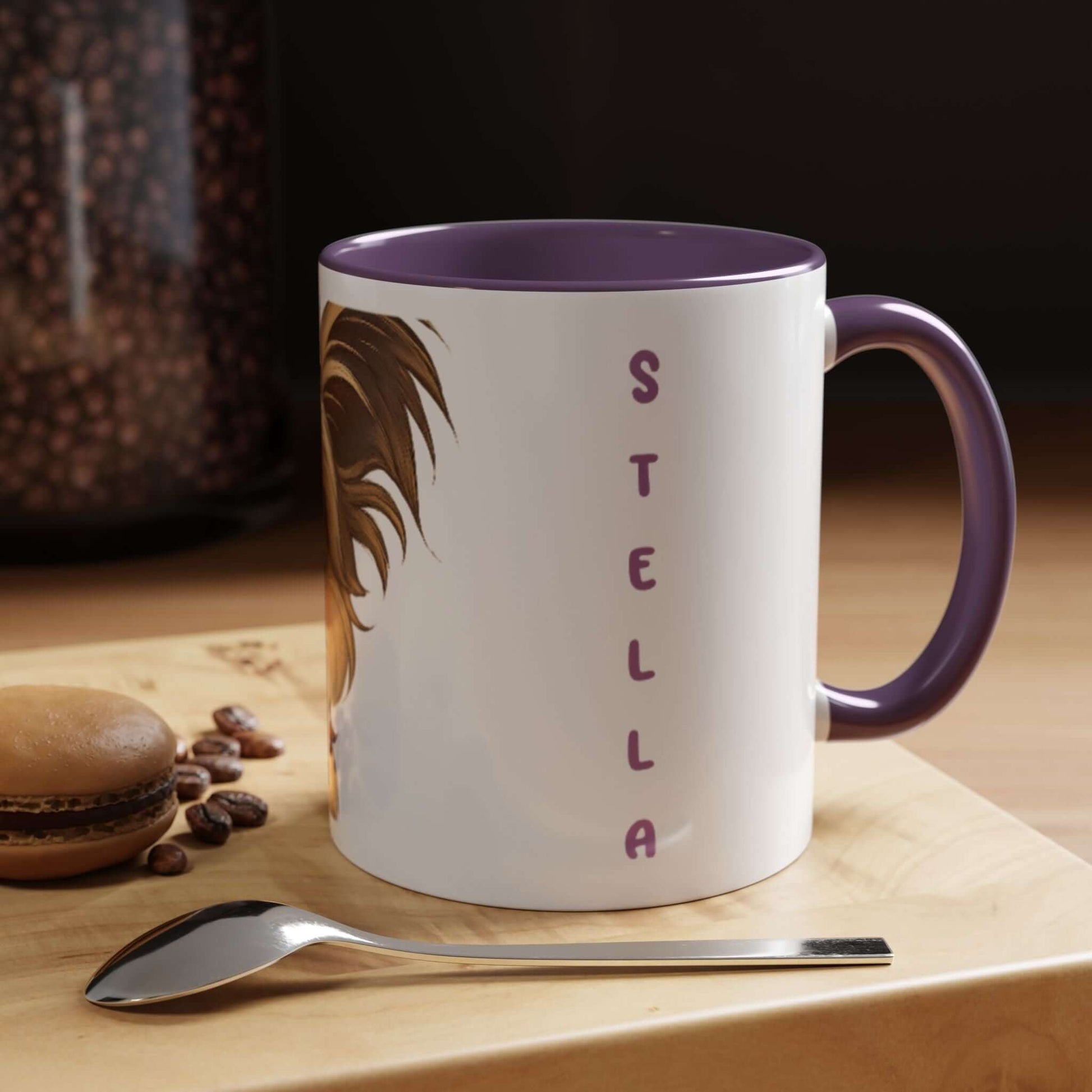 Personalized Pet Cartoon Mug featuring a furry friend's illustration and name 'Stella' beside it.