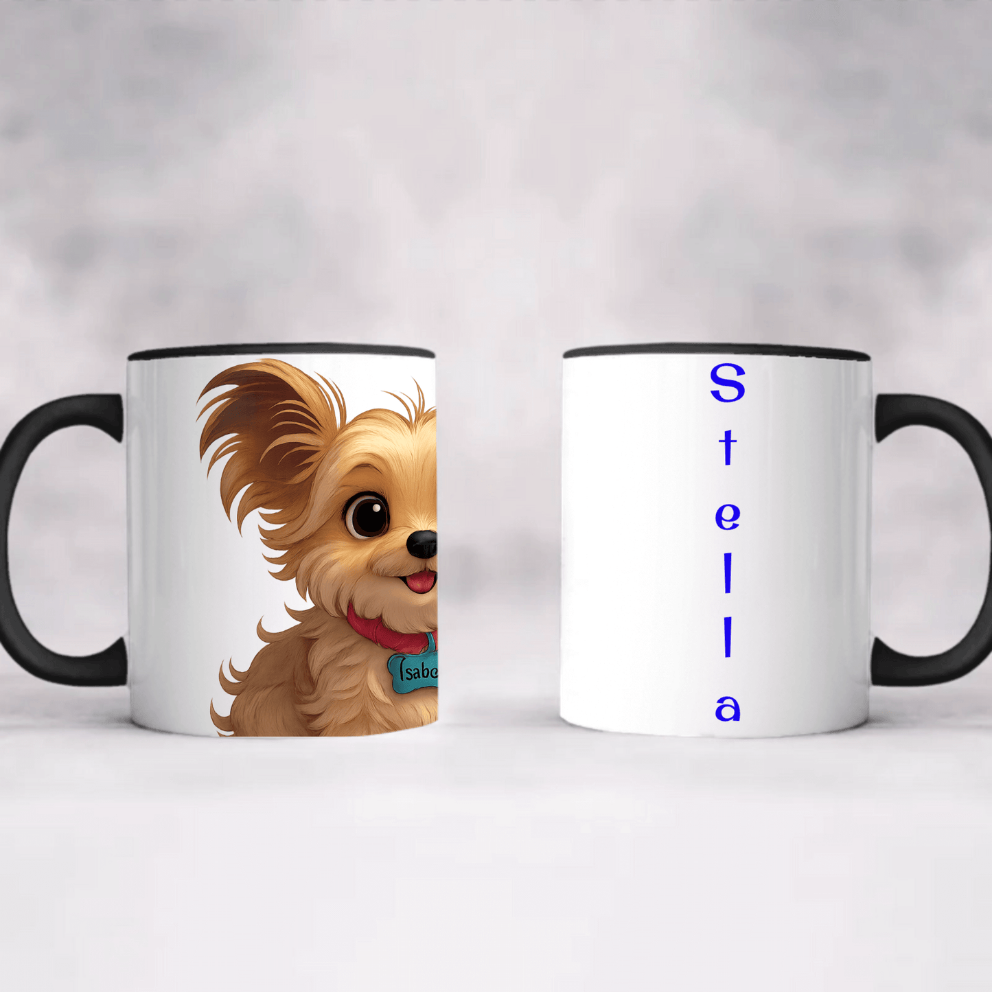 Personalized pet cartoon mug featuring a cute dog illustration and the name 'Stella' in vibrant blue lettering.