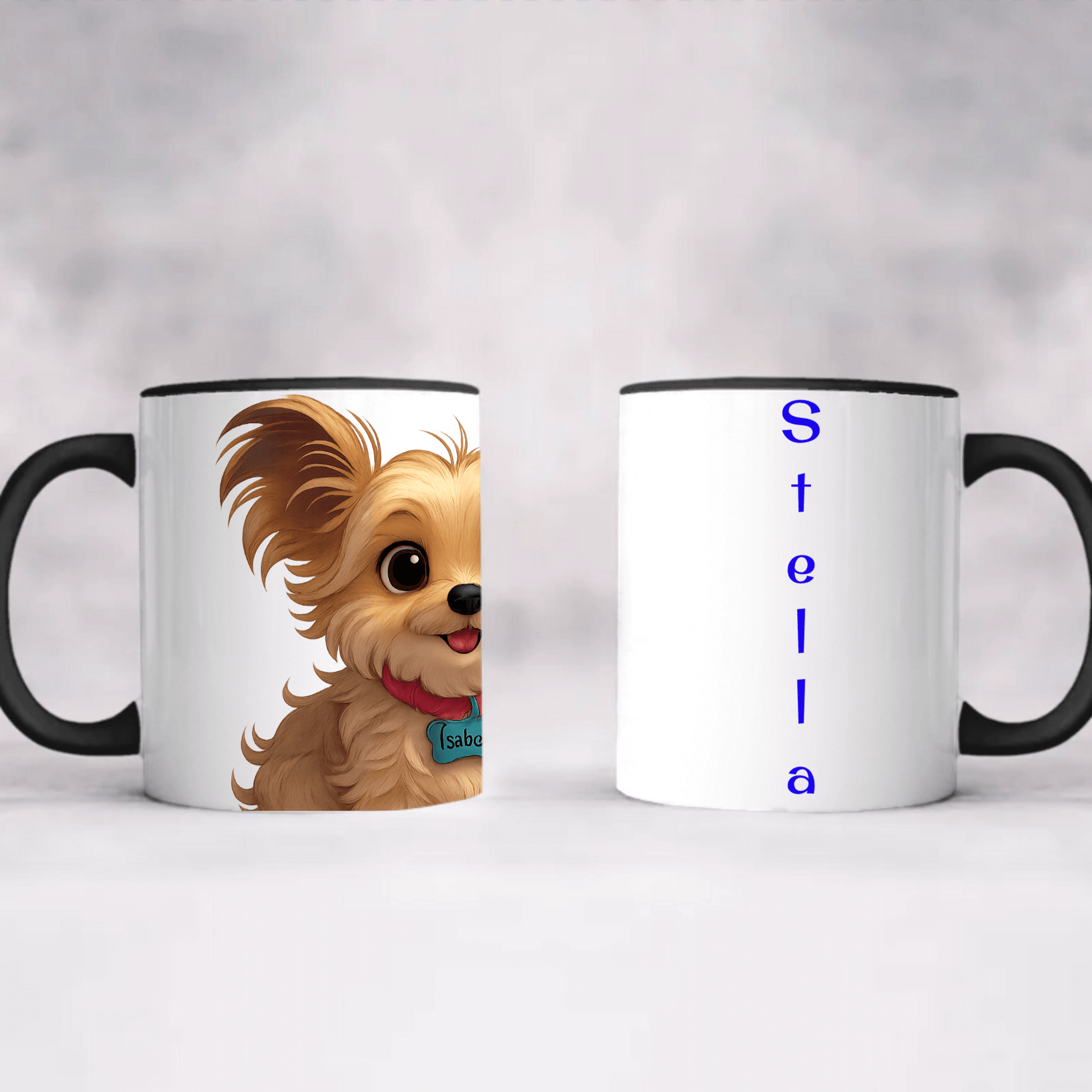Personalized pet cartoon mug featuring a cute dog illustration and the name 'Stella' in vibrant blue lettering.