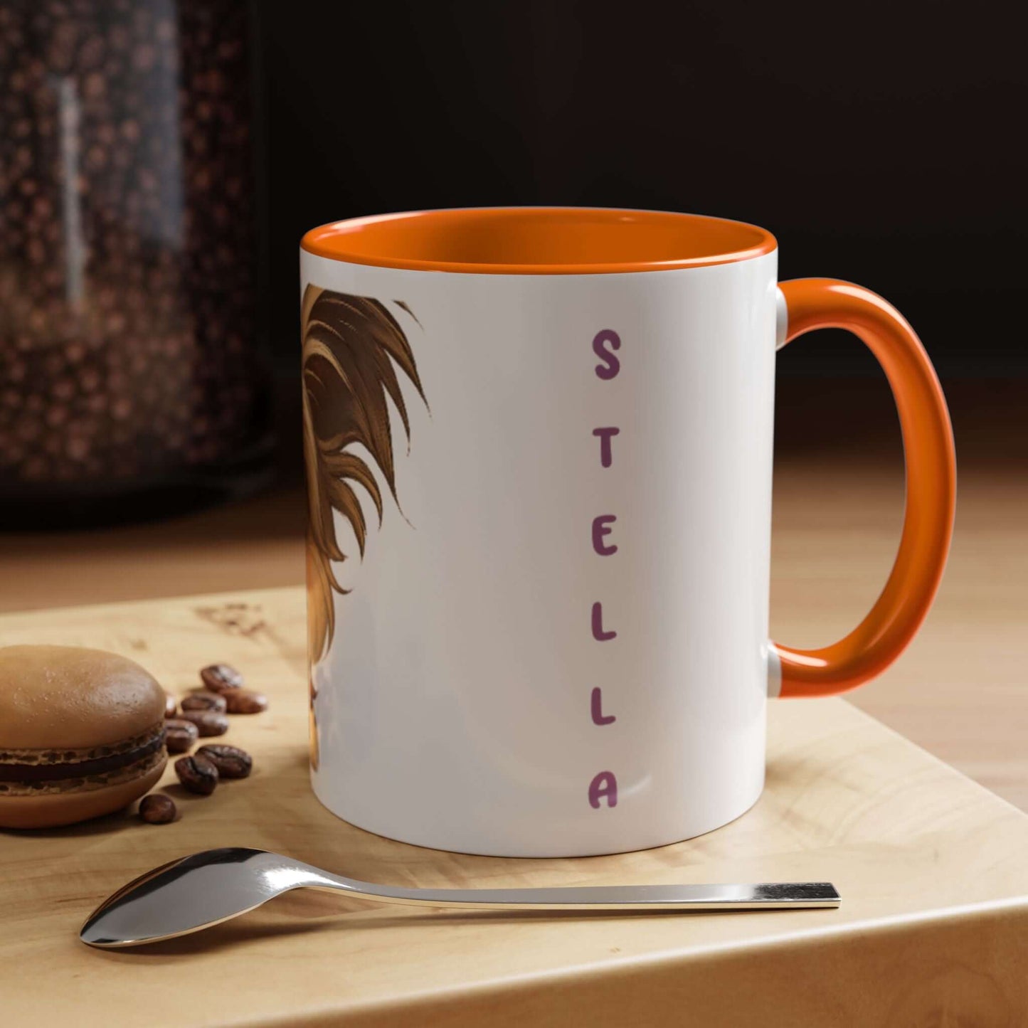Personalized Pet Cartoon Mug featuring a furry friend illustration and the name 'Stella' in playful font.