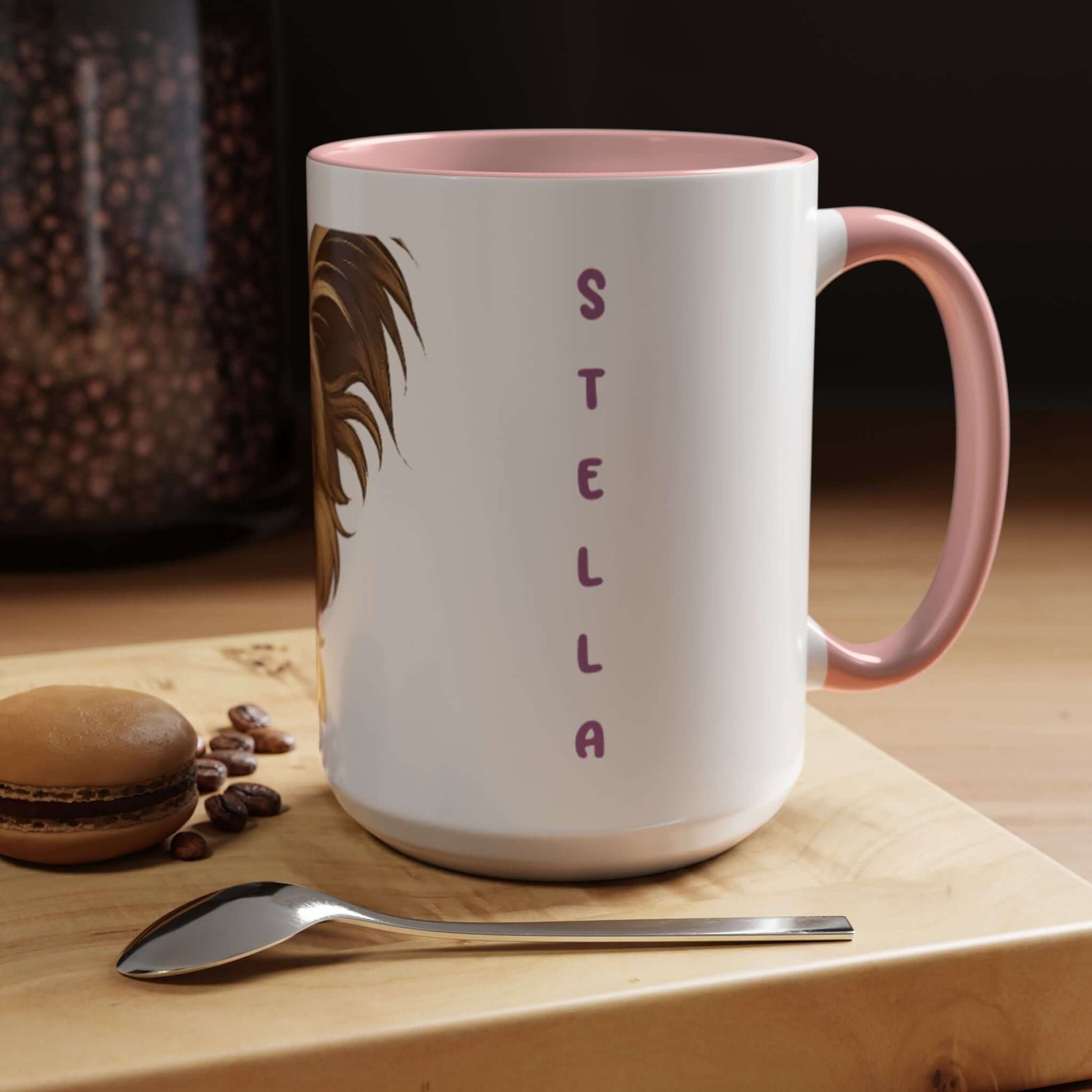 Personalized Pet Cartoon Mug with a cute dog illustration and the name 'Stella' in elegant lettering.