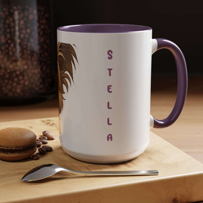 Personalized pet cartoon mug featuring a furry friend and name 'Stella' in playful design on a cozy countertop.