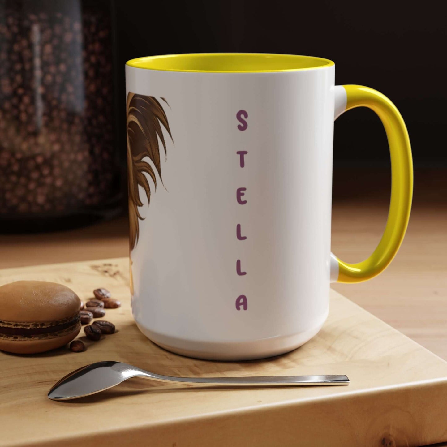 Personalized Pet Cartoon Mug with yellow handle displaying the name Stella next to a charming illustration of a furry friend.