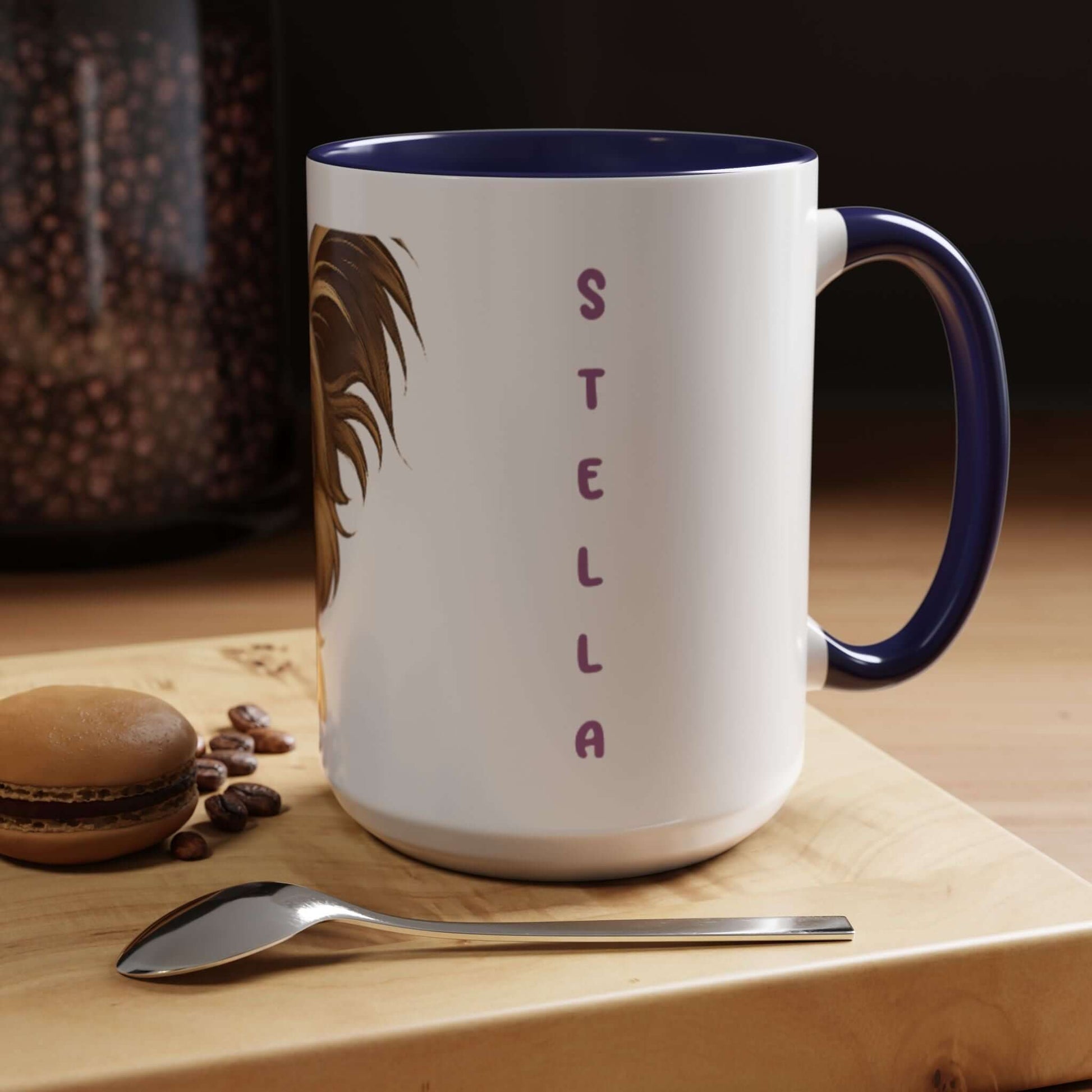Personalized cartoon mug featuring a furry friend with the name 'Stella', perfect for pet lovers.