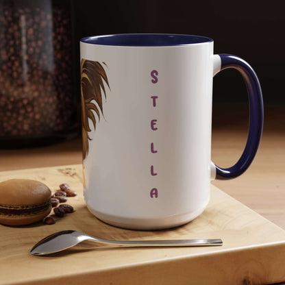 Personalized cartoon mug featuring a furry friend with the name 'Stella', perfect for pet lovers.