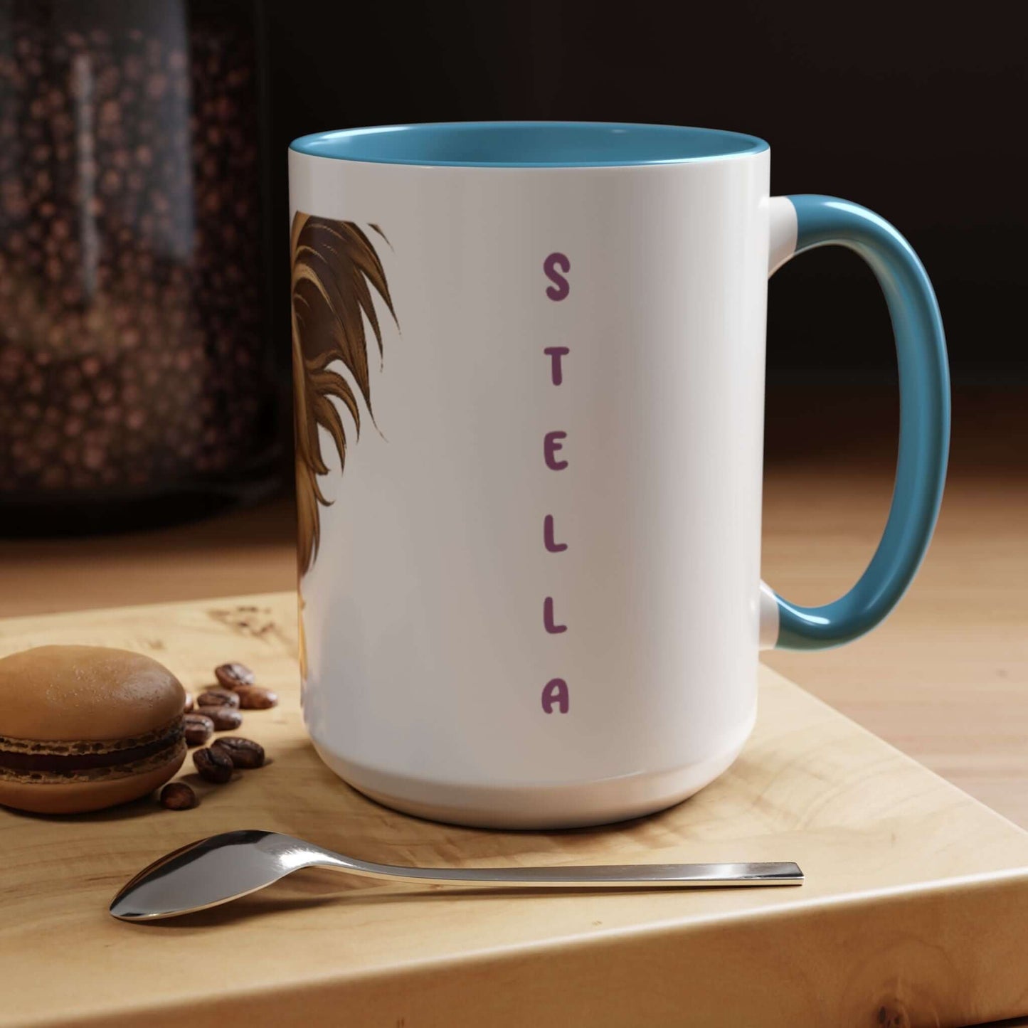 Personalized Pet Cartoon Mug with dog's name Stella, featuring playful illustration on a cozy kitchen table.