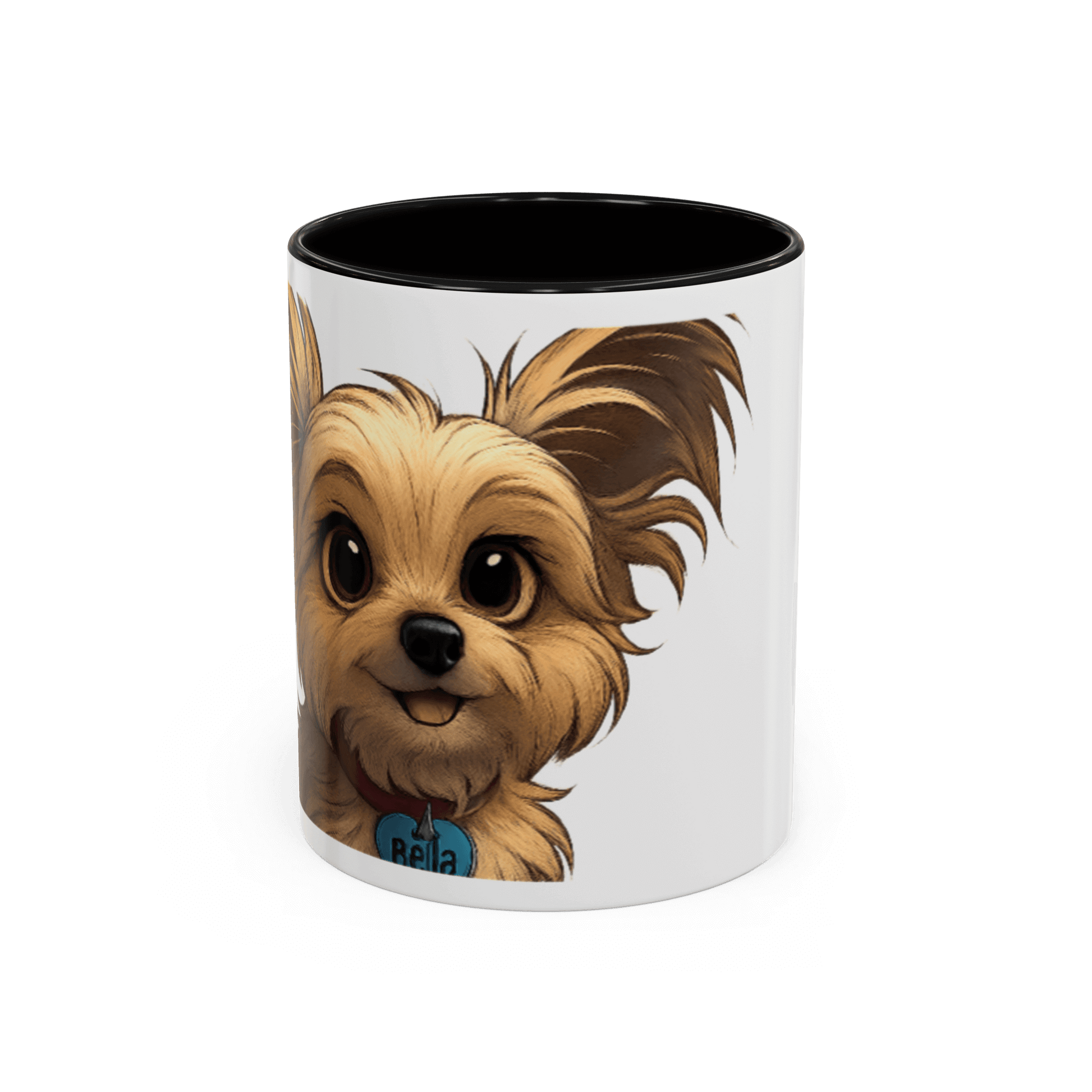 Personalized Pet Cartoon Mug featuring a cute cartoon Yorkie named Bella, perfect for pet lovers.