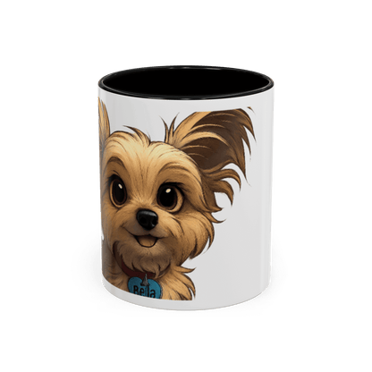 Personalized Pet Cartoon Mug featuring a cute cartoon Yorkie named Bella, perfect for pet lovers.