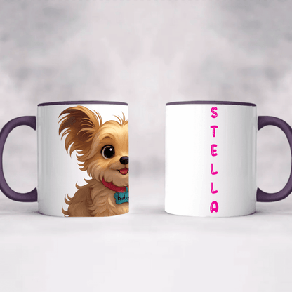 Personalized pet cartoon mug featuring a cute dog illustration and name Stella in vibrant colors.