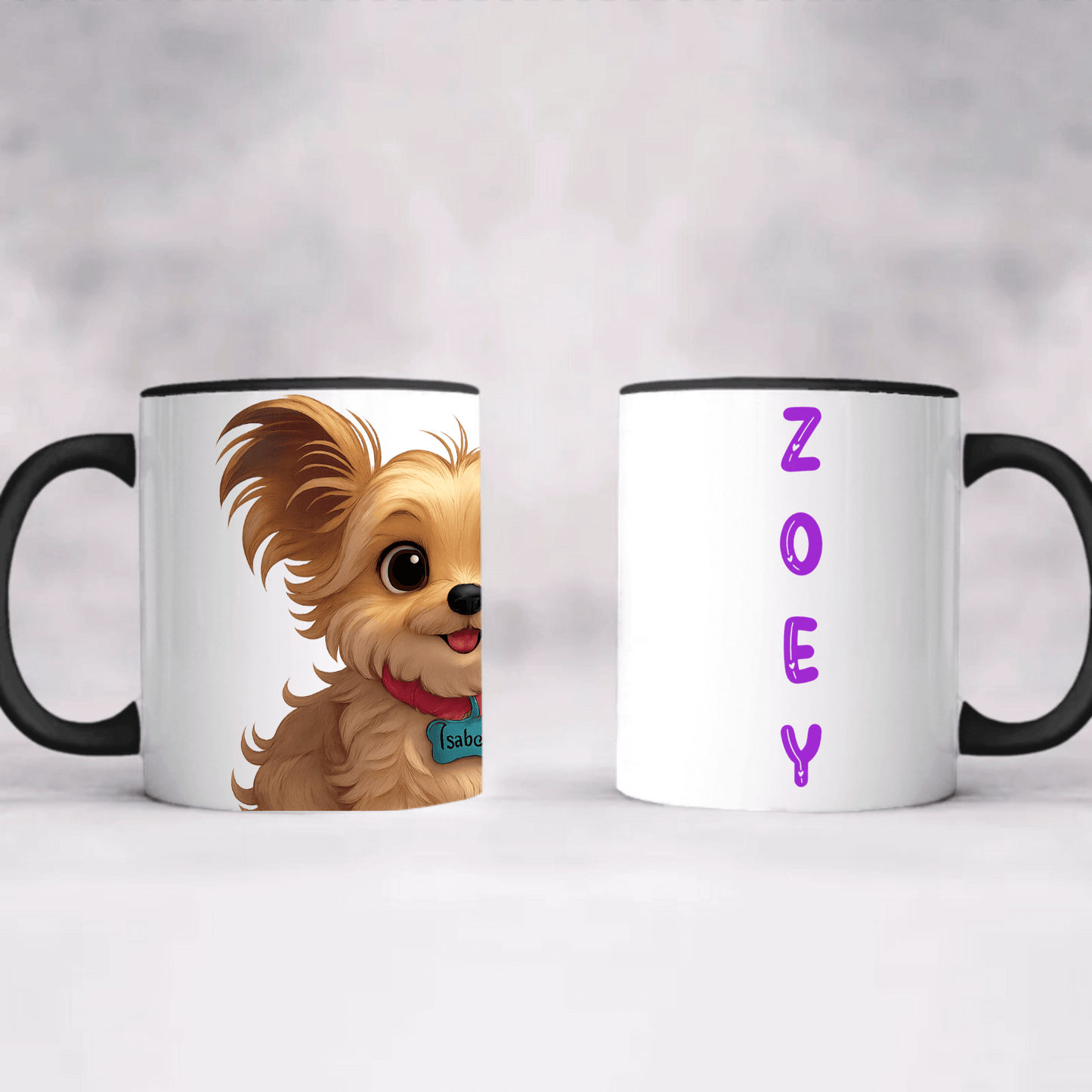 Personalized pet cartoon mug featuring a cute illustrated dog and the name Zoey displayed in vibrant purple letters.