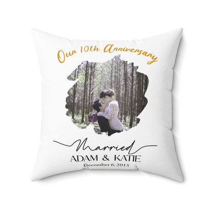 Personalized Photo Pillow – Custom Names & Occasion featuring Our 10th Anniversary design with couple's photo.