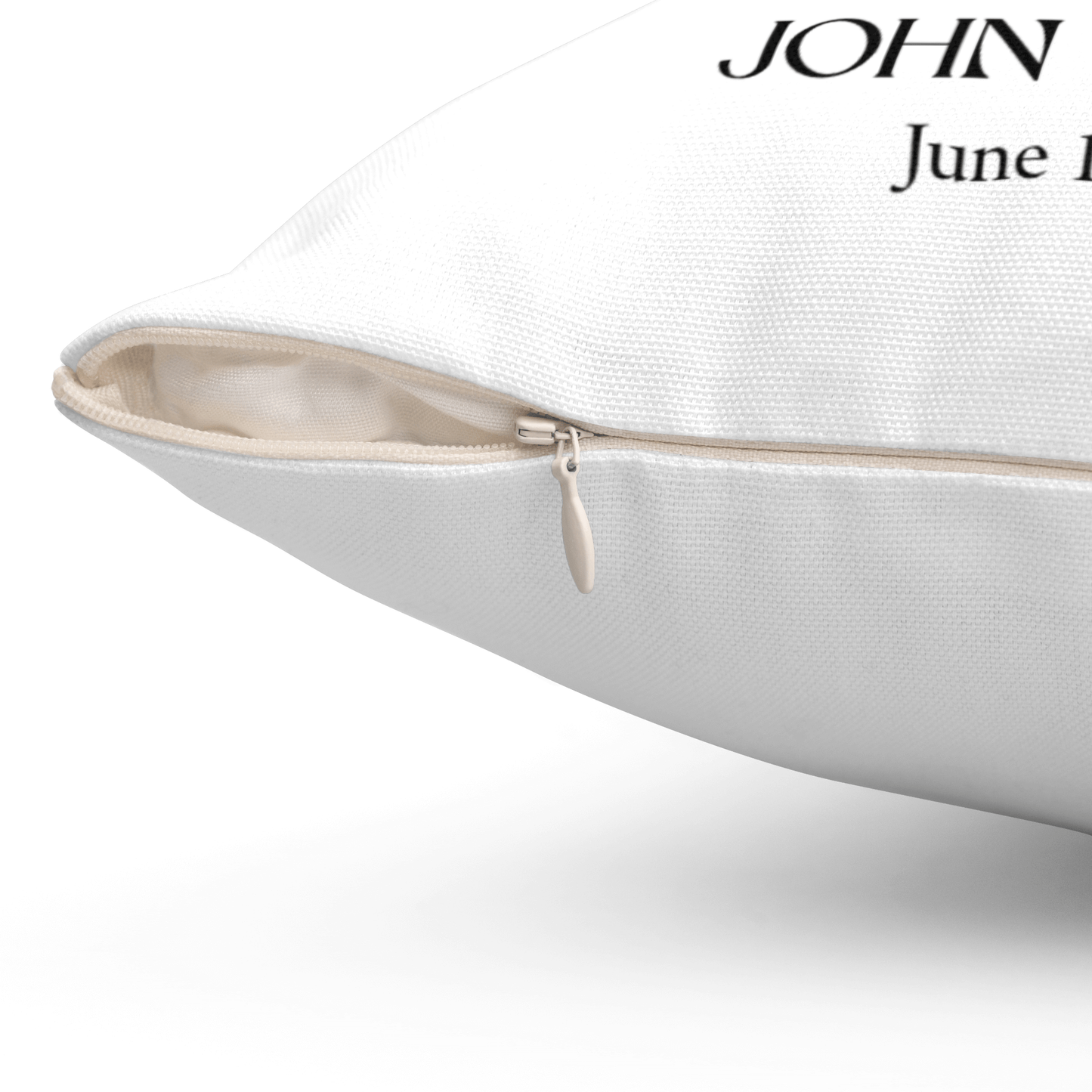 Personalized Photo Pillow – Custom Names & Occasion close-up view showing zipper detail for personalized keepsake.