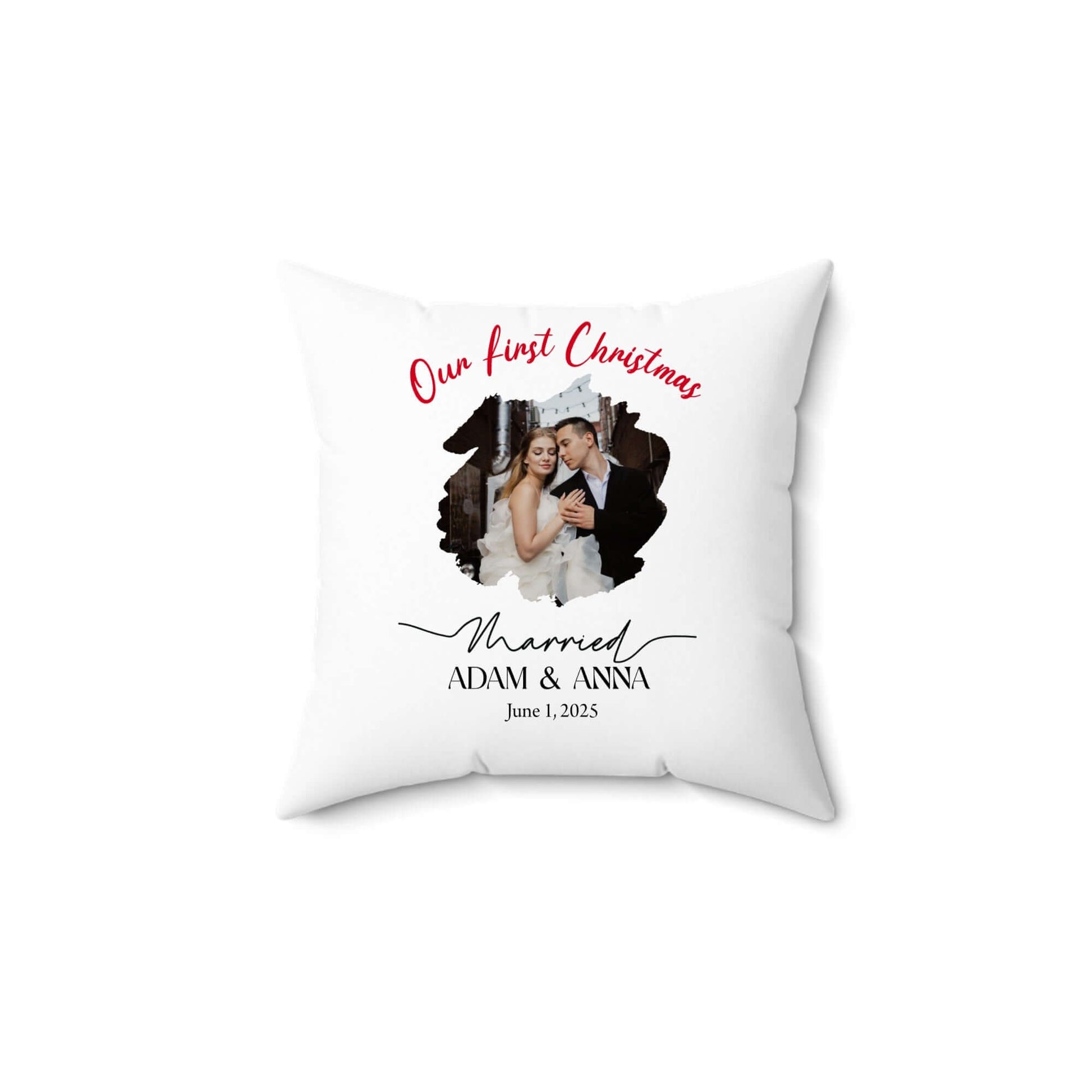 Personalized Photo Pillow – Custom Names & Occasion featuring Our First Christmas design with names Adam & Anna.