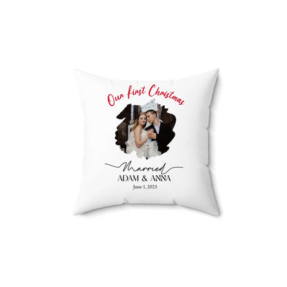 Personalized Photo Pillow – Custom Names & Occasion featuring Our First Christmas design with names Adam & Anna.
