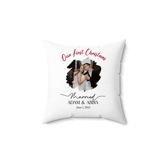 Personalized Photo Pillow – Custom Names & Occasion featuring Our First Christmas design with names Adam & Anna.