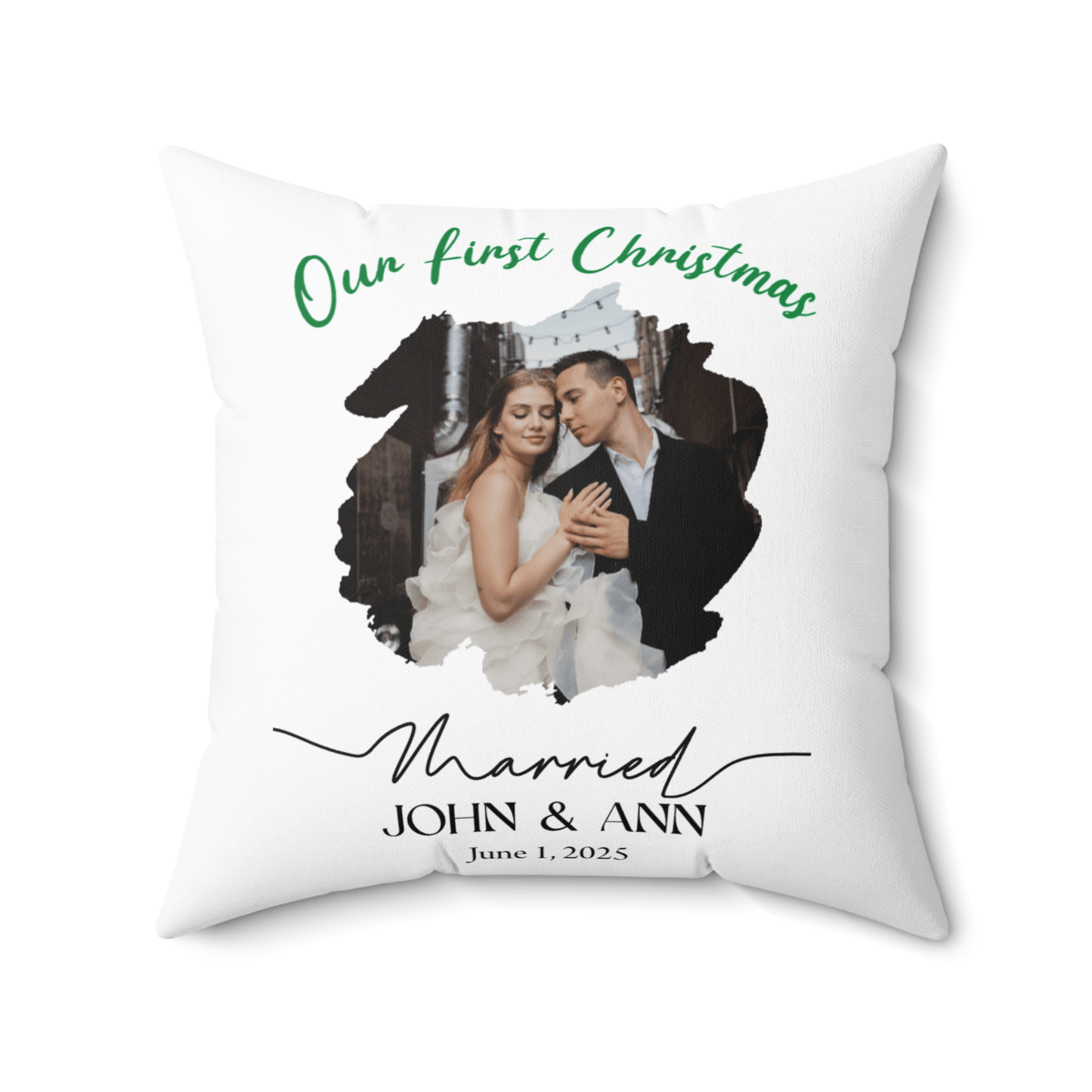 Personalized Photo Pillow – Custom Names & Occasion featuring a couple on their first Christmas.