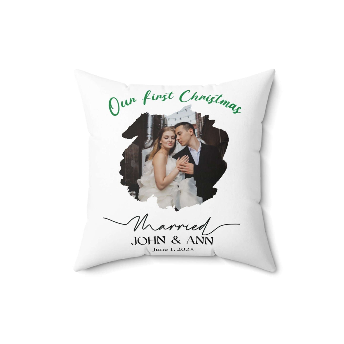 Personalized Photo Pillow – Custom Names & Occasion featuring a couple's first Christmas photo.
