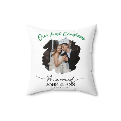 Personalized Photo Pillow – Custom Names & Occasion featuring a couple's first Christmas photo.
