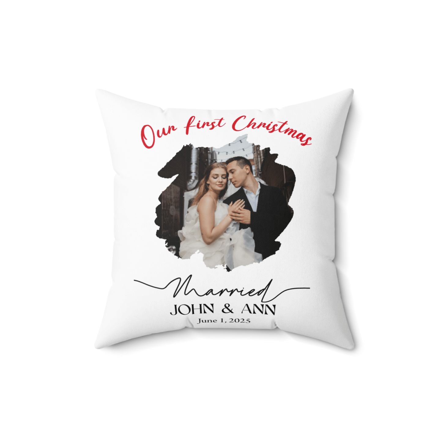 Personalized Photo Pillow – Custom Names & Occasion featuring a couple's photo for their first Christmas.