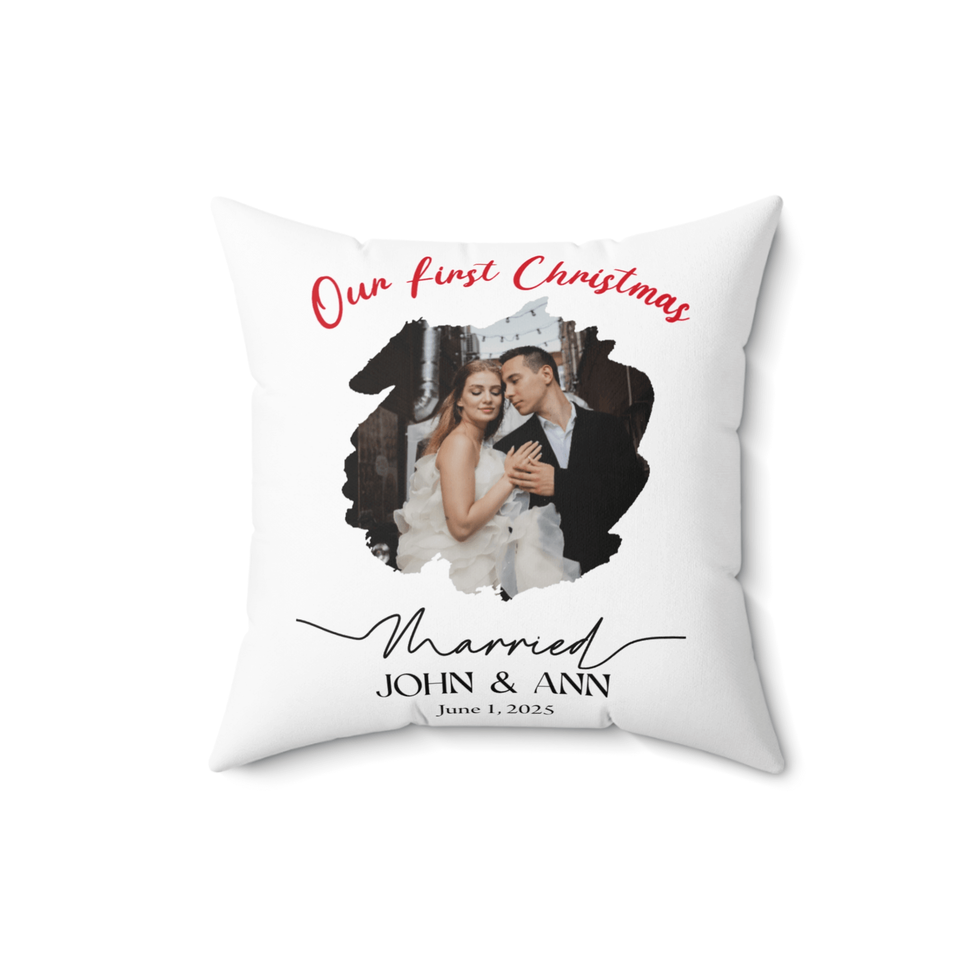 Personalized Photo Pillow – Custom Names & Occasion featuring a couple's photo for their first Christmas.