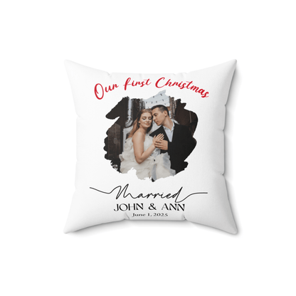 Personalized Photo Pillow – Custom Names & Occasion featuring a couple's photo for their first Christmas.