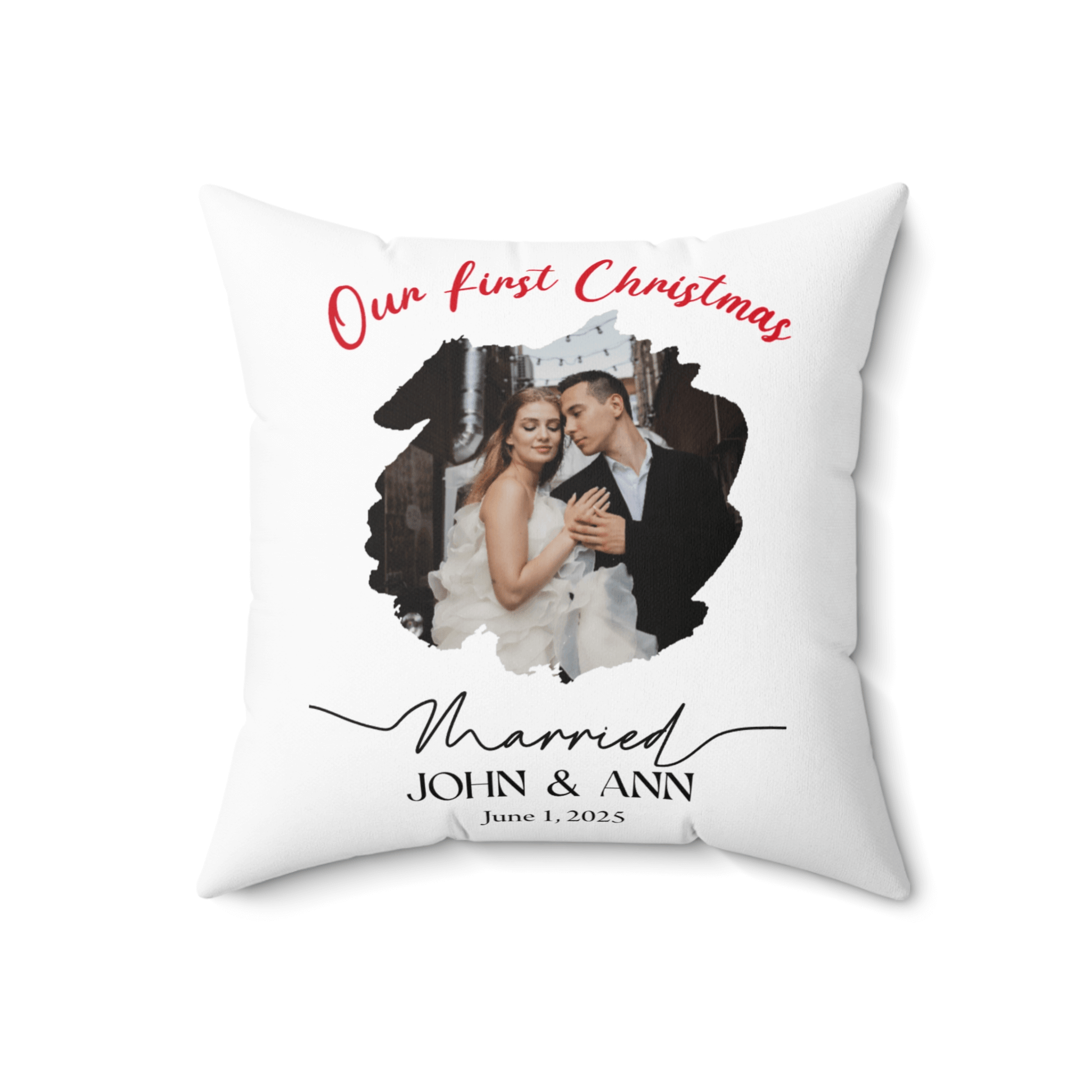 Personalized Photo Pillow – Custom Names & Occasion featuring a couple's photo and text for Our First Christmas.