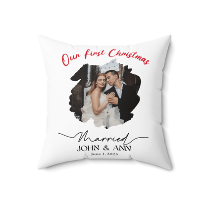 Personalized Photo Pillow – Custom Names & Occasion featuring a couple's photo and text for Our First Christmas.