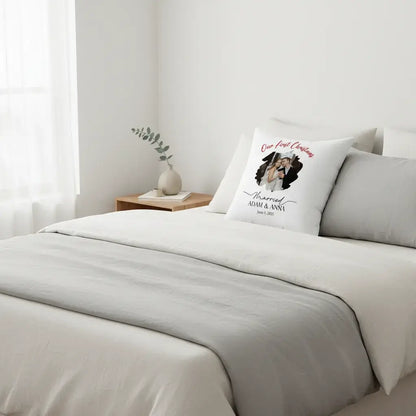 Personalized Photo Pillow – Custom Names & Occasion displayed in a modern bedroom setting.