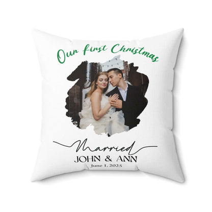 Personalized Photo Pillow – Custom Names & Occasion featuring a photo of a couple on their first Christmas.
