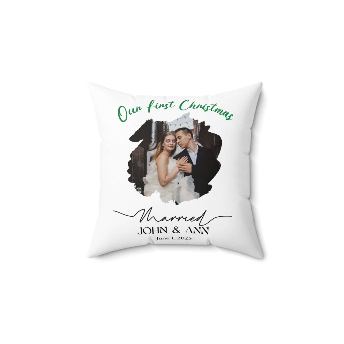 Personalized Photo Pillow – Custom Names & Occasion featuring Our First Christmas design with photo of couple.