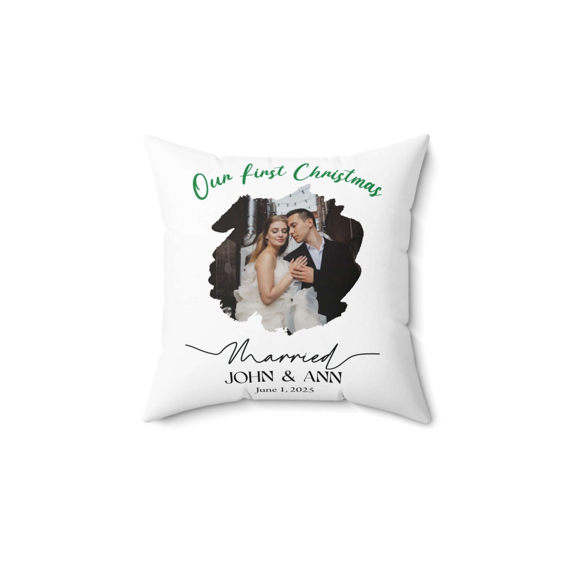 Personalized Photo Pillow – Custom Names & Occasion featuring Our First Christmas design with photo of couple.