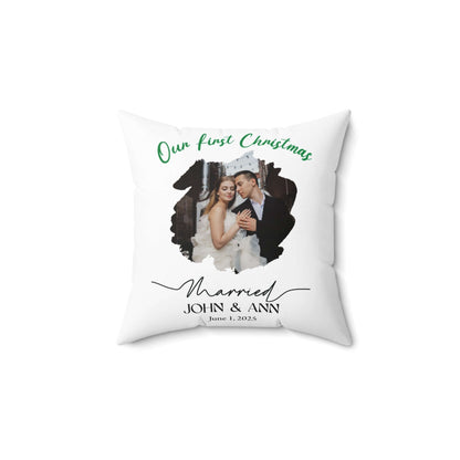Personalized Photo Pillow – Custom Names & Occasion featuring Our First Christmas design with photo of couple.