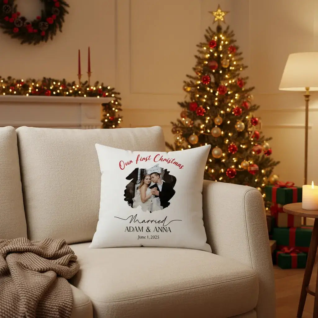 Personalized Photo Pillow – Custom Names & Occasion featuring a couple's photo and text for Our First Christmas.