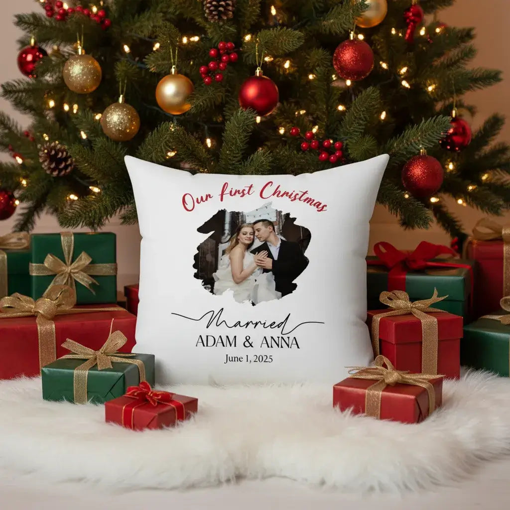 Personalized Photo Pillow – Custom Names & Occasion featuring a wedding couple photo for Our First Christmas celebration.